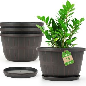 Quarut 10 inch Plastic Flower Pots for Outdoor Plants，4 Pack Large Outdoor Planter Pot with Drainage Holes & Saucers，Imitation Wine Barrel Design，for Indoor Outdoor Garden Plants（Brown）