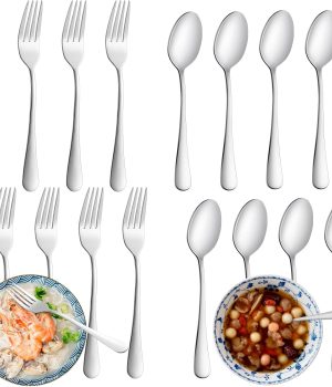 24 Pcs Forks and Spoons Silverware Set, Food Grade Stainless Steel Flatware Cutlery Set for Home, Kitchen and Restaurant, 12 Dinner Fork(8″) and 12 Teaspoon(6.7″), Mirror Polished, Dishwasher Safe