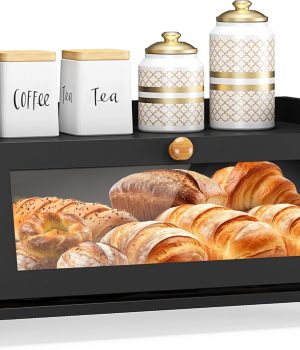 Bread Box for Kitchen Countertop, Large Bread Container Storage, Wooden Farmhouse Bread Box with Window Bread Holder (Black)