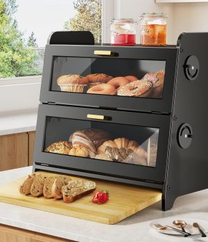 SNTD Bread Box – Kitchen Countertop Bread Storage Container with Bamboo Cutting Board, Adjustable Vent Hole Dials, Black